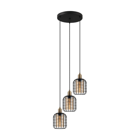 Wonenne 3-light cluster pendant with round black canopy, cascading cords, black wire cage shades, amber glass cylinders and bronze lampholders, on a white background.