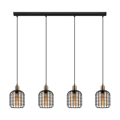 Wonenne four-light linear pendant with black wire cage shades over amber glass cylinders and bronzed lampholders, suspended from a black bar on a white background.