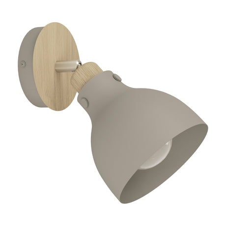 Wonvora wall spotlight with a round wood-grain backplate and satin nickel knuckle joint, holding an adjustable sandy brown dome shade, shown on a plain white background.