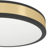 Close-up of the Worbette LED flush ceiling light, 38cm round design with black steel rims, a gold band around the side, and a white plastic diffuser, shown on a plain white background.