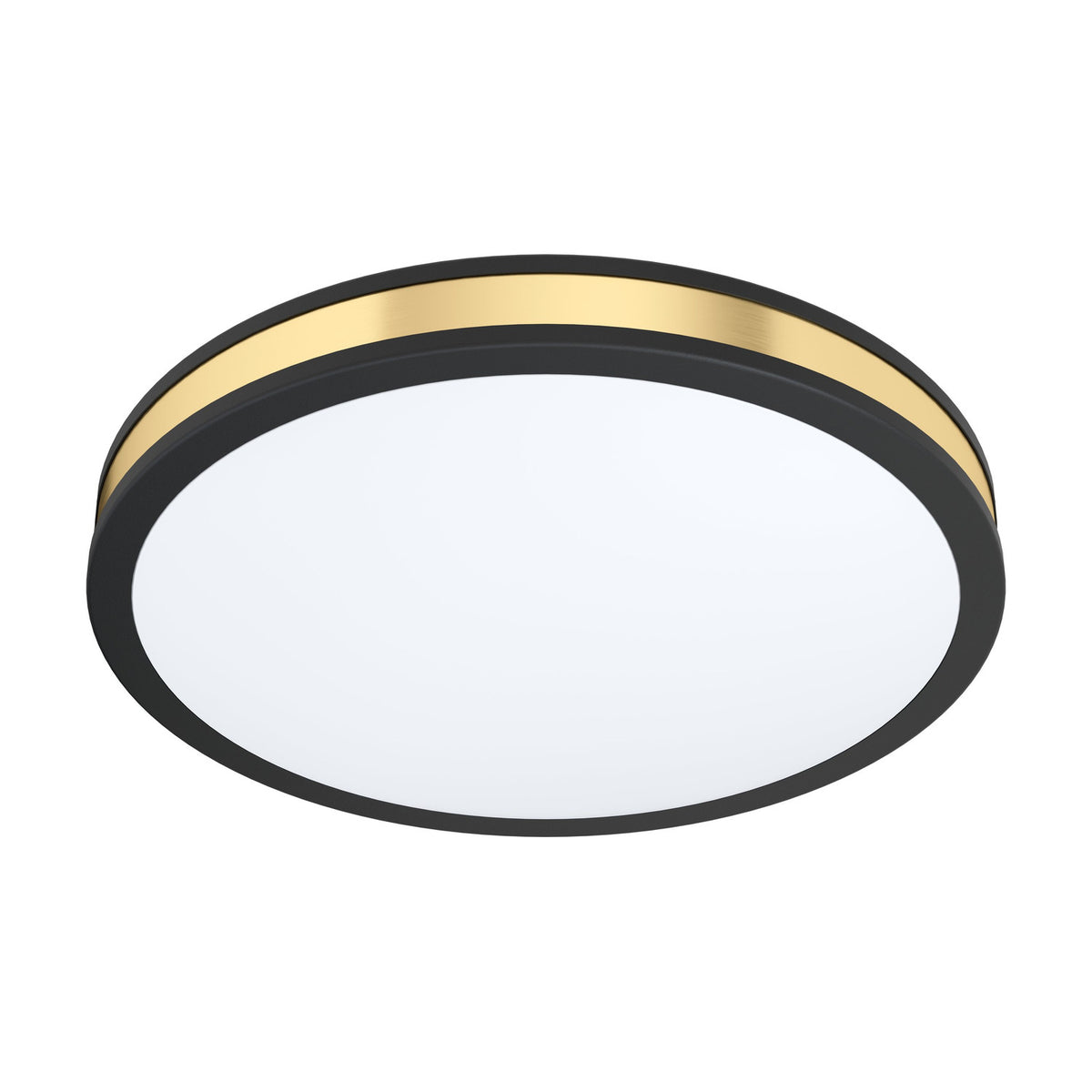 Worbette LED Flush Ceiling Light, 38cm round design with black steel body, gold band accent, and white plastic diffuser, shown on a plain white background.