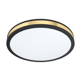 Worbette LED Flush Ceiling Light, 38cm round design with black steel body, gold band accent, and white plastic diffuser, shown on a plain white background.