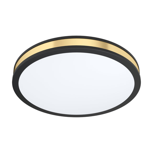 Worbette LED Flush Ceiling Light, 38cm round design with black steel body, gold band accent, and white plastic diffuser, shown on a plain white background.