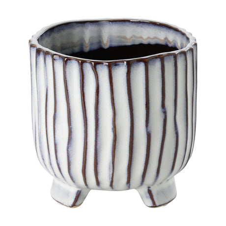 Wormiston Ceramic Plant Pot 13.7cm in White & Brown, a ribbed, footed planter with a wavy rim and glossy glaze, shown against a plain white background.