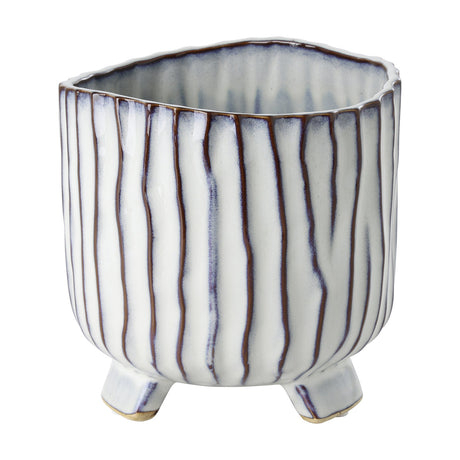 Wormiston Ceramic Plant Pot 17cm in white and brown, featuring raised vertical stripes, a wavy rim, and small square feet, shown on a plain white background.