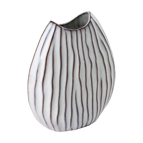 Wormiston ceramic vase in white with a flattened, egg-shaped body, wavy open rim, and fine brown vertical lines running to the base, shown on a plain white background.