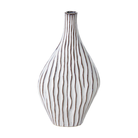 Wormiston ceramic bottle vase, 45.2cm, with a rounded body and slender neck, white glossy glaze and textured wavy brown vertical lines, shown on a plain white background.