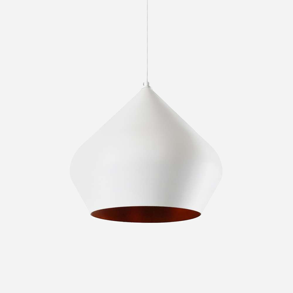 The Funk Stout Small Pendant Light in White features a teardrop-shaped design with a dark interior, elegantly suspended from a slim cord. It embodies minimalist decor against a plain white background, making it perfect for modern interiors.