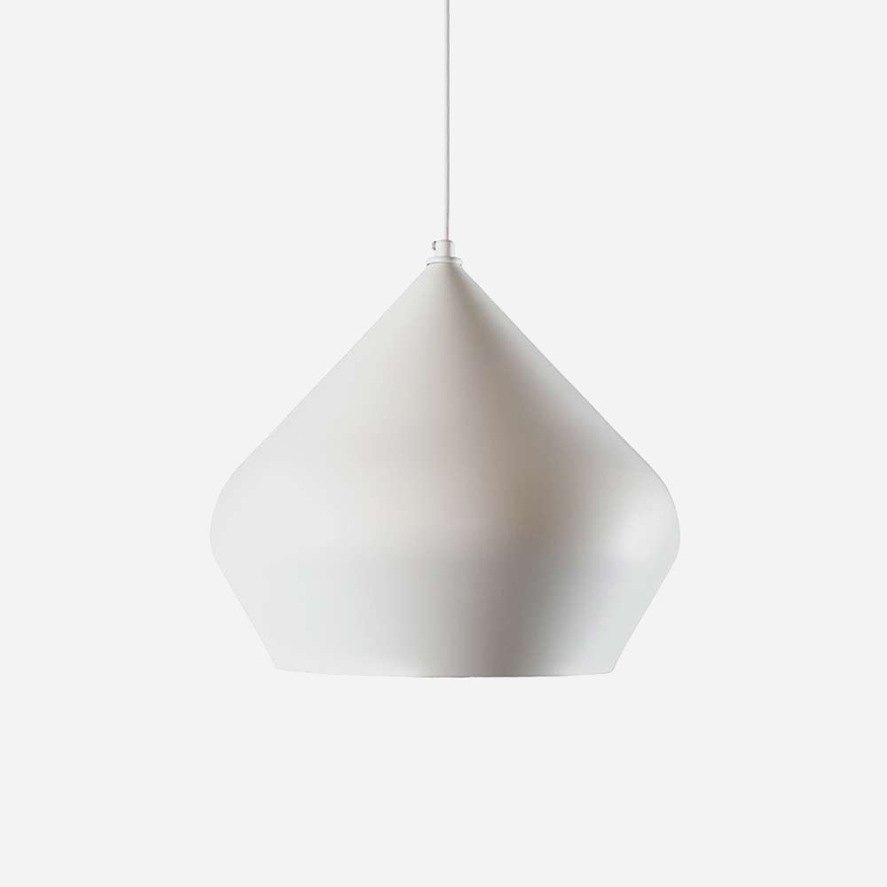 The Funk Stout Small Pendant Light in white, featuring a sleek teardrop-shaped shade and suspended by a thin cord, is set against a plain white background, showcasing minimalist decor ideal for elegant modern interiors.