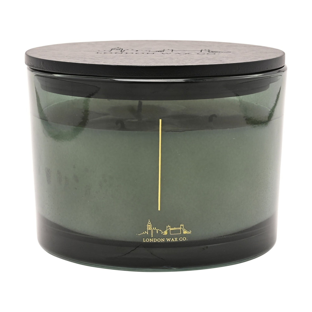 Round three-wick scented candle, 397g, in a smoky green glass vessel with black lid, gold skyline line art, on a plain white background.