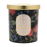 Pomegranate Noir Scented Candle in a round black glass jar with pomegranate, blueberry and leaf print, gold lid, 190g, on a white background.