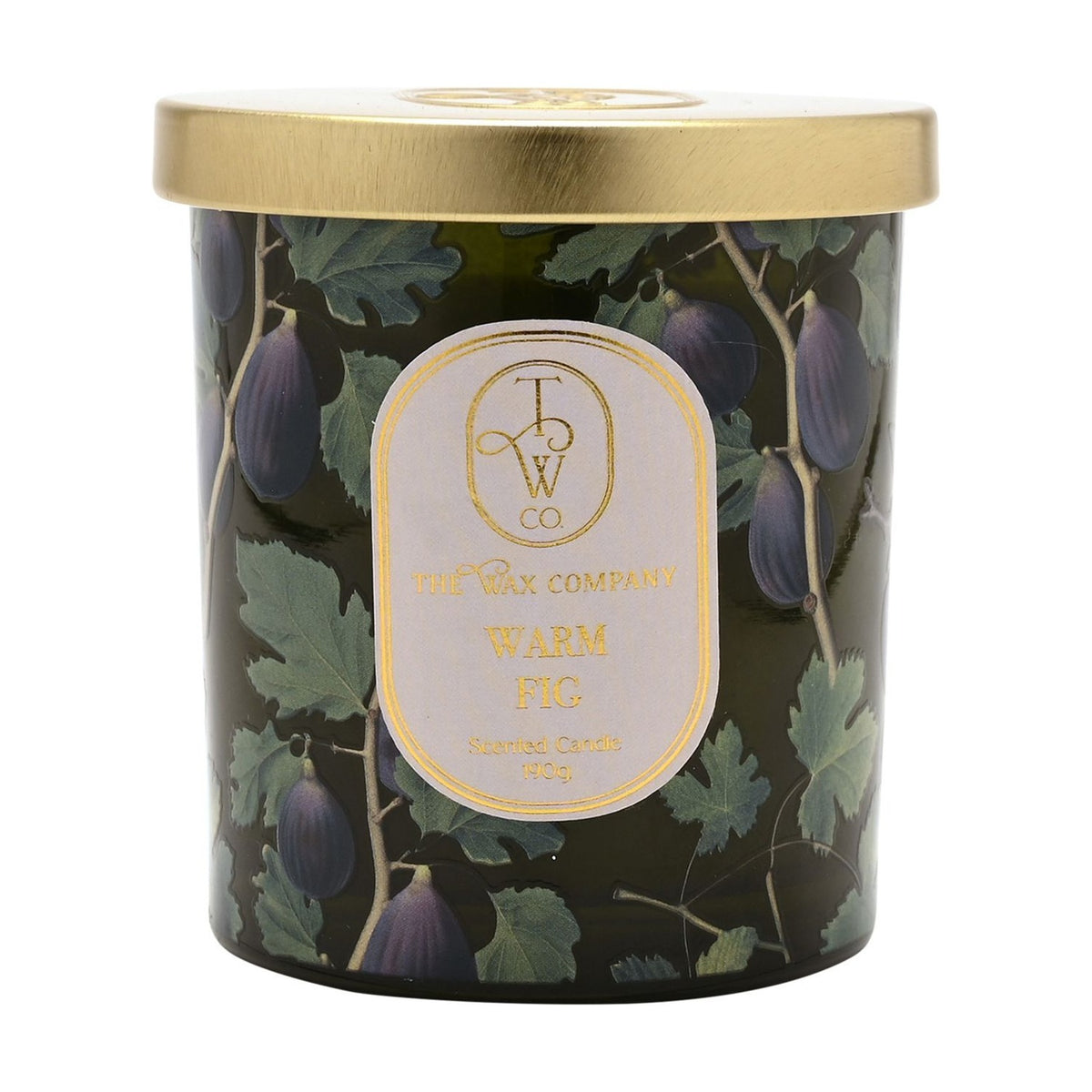 Warm Fig Glass Scented Candle 190g with Lid - Green & Gold