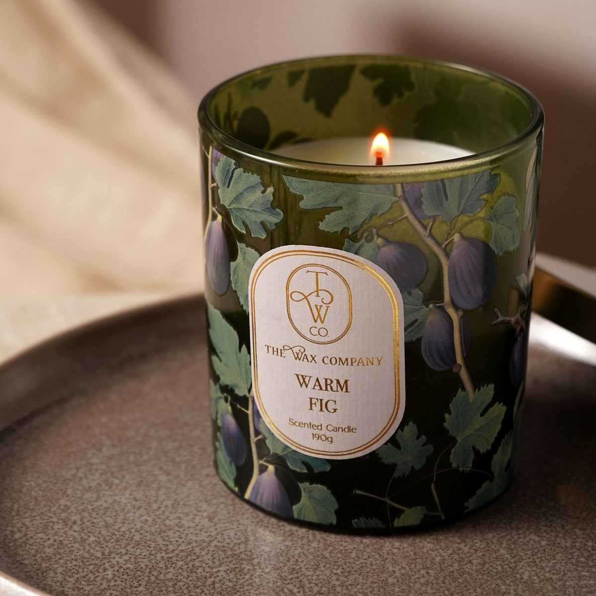 Warm Fig Glass Scented Candle 190g with Lid - Green & Gold