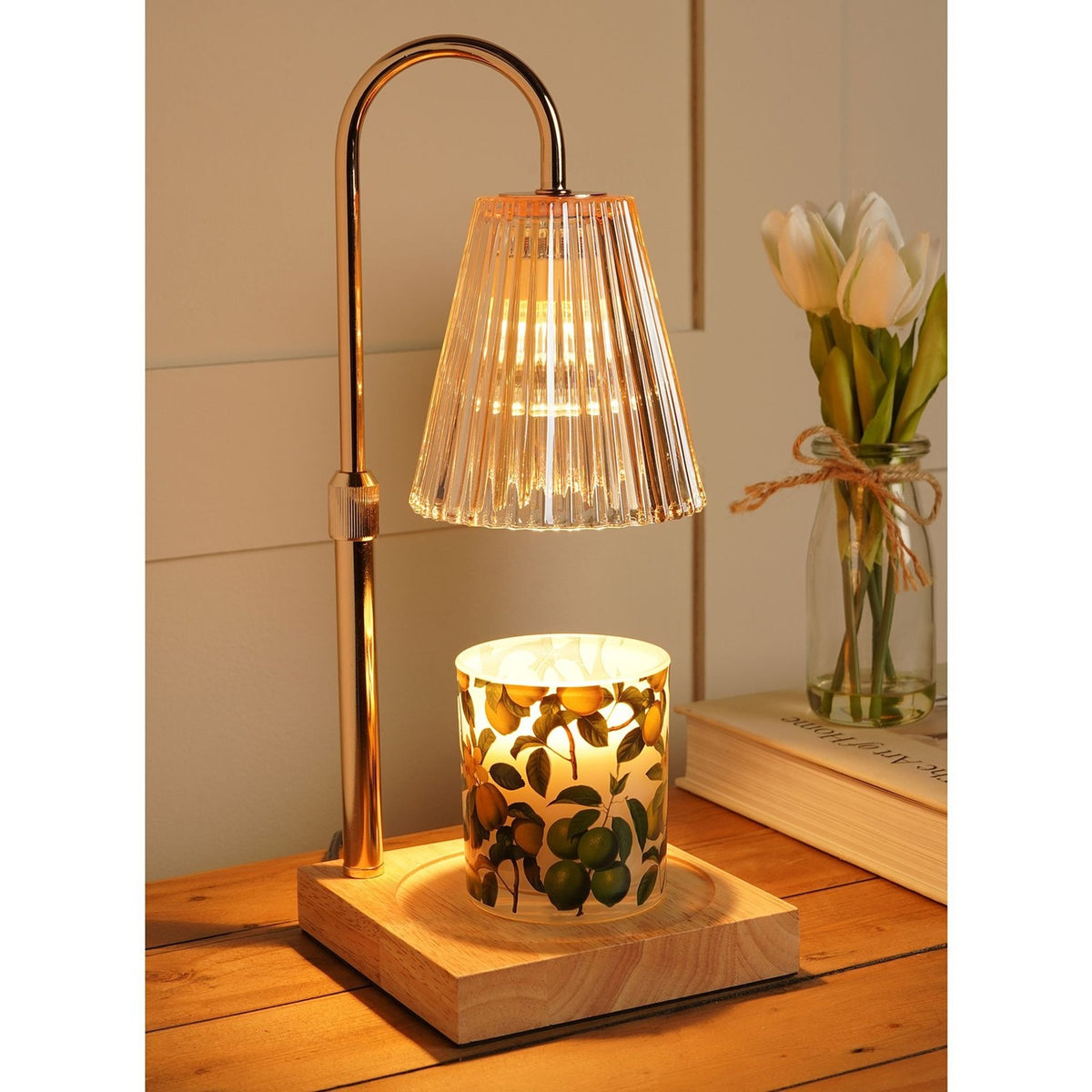 Reeded Glass Shade Candle Warming Table Lamp - Gold & Beige