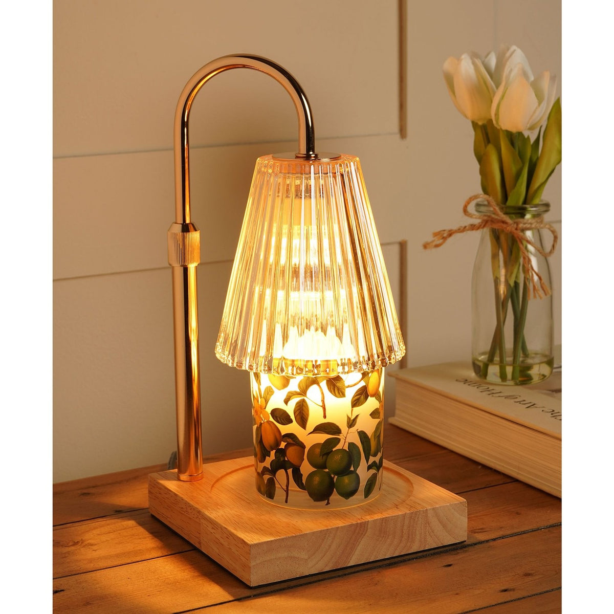 Reeded Glass Shade Candle Warming Table Lamp - Gold & Beige