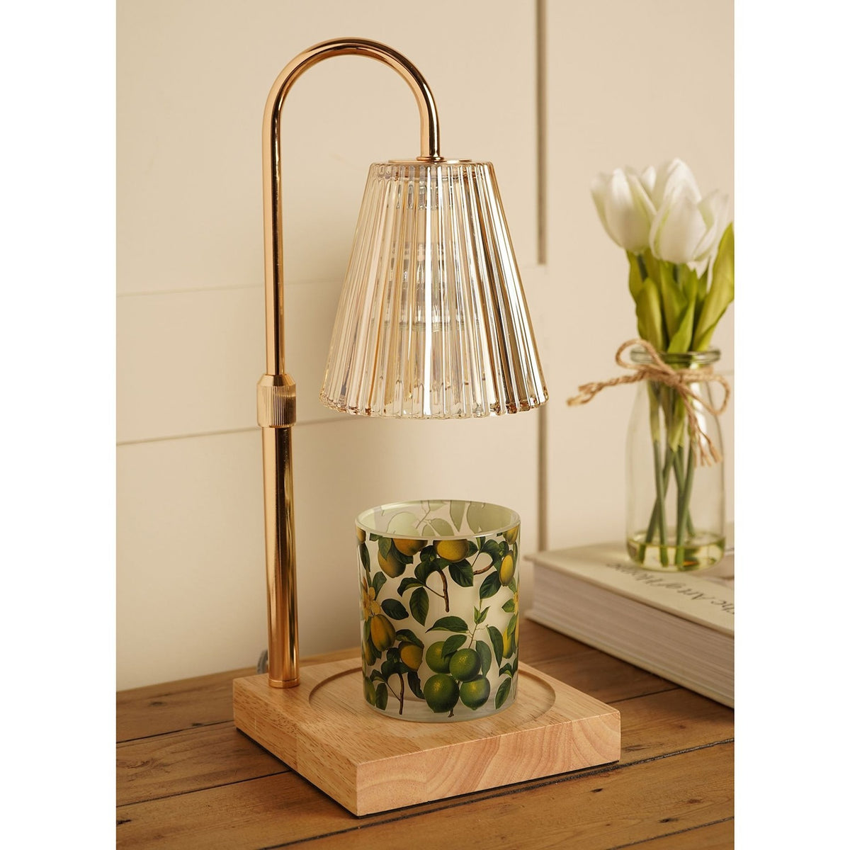 Reeded Glass Shade Candle Warming Table Lamp - Gold & Beige