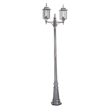 The Wexford 2 Light Lamp Post - Black/Silver is a tall, ornate street lamp with a vintage design, featuring two lanterns mounted on an intricately detailed decorative metal post. Ideal for outdoor lighting, this sophisticated fixture enhances any setting with charm and elegance.