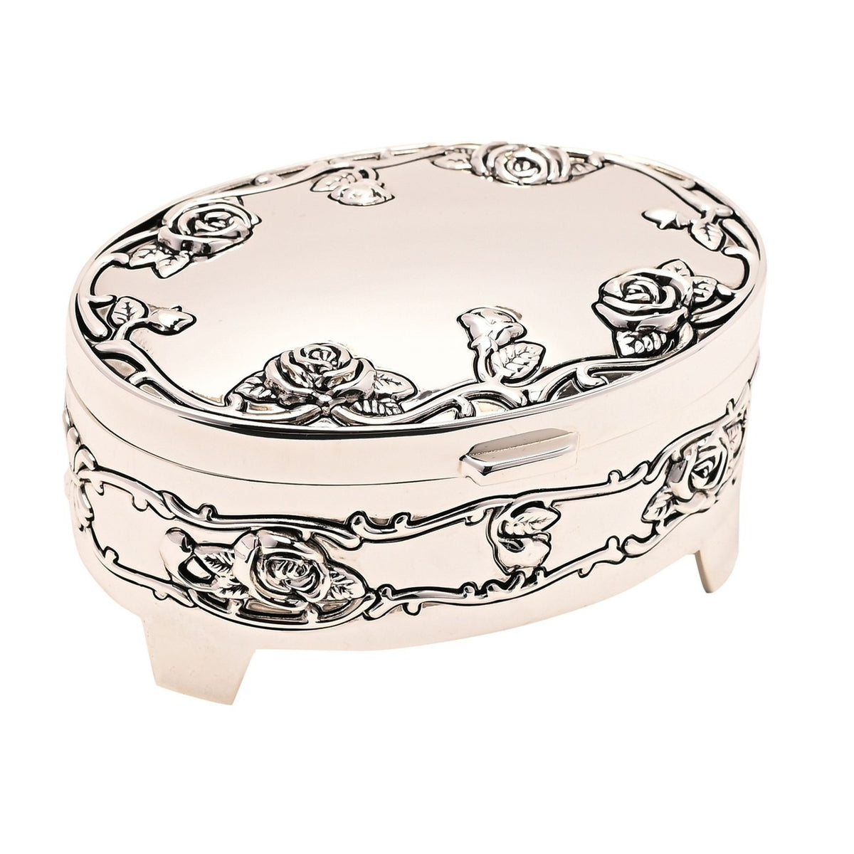 Oval Rose Design Antique Silverplated Trinket Box with raised rose and leaf detailing on the lid and sides, short feet, and a clasp fastening, shown on a plain white background.
