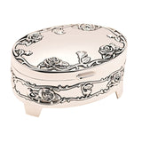 Oval Rose Design Antique Silverplated Trinket Box with raised rose and leaf detailing on the lid and sides, short feet, and a clasp fastening, shown on a plain white background.