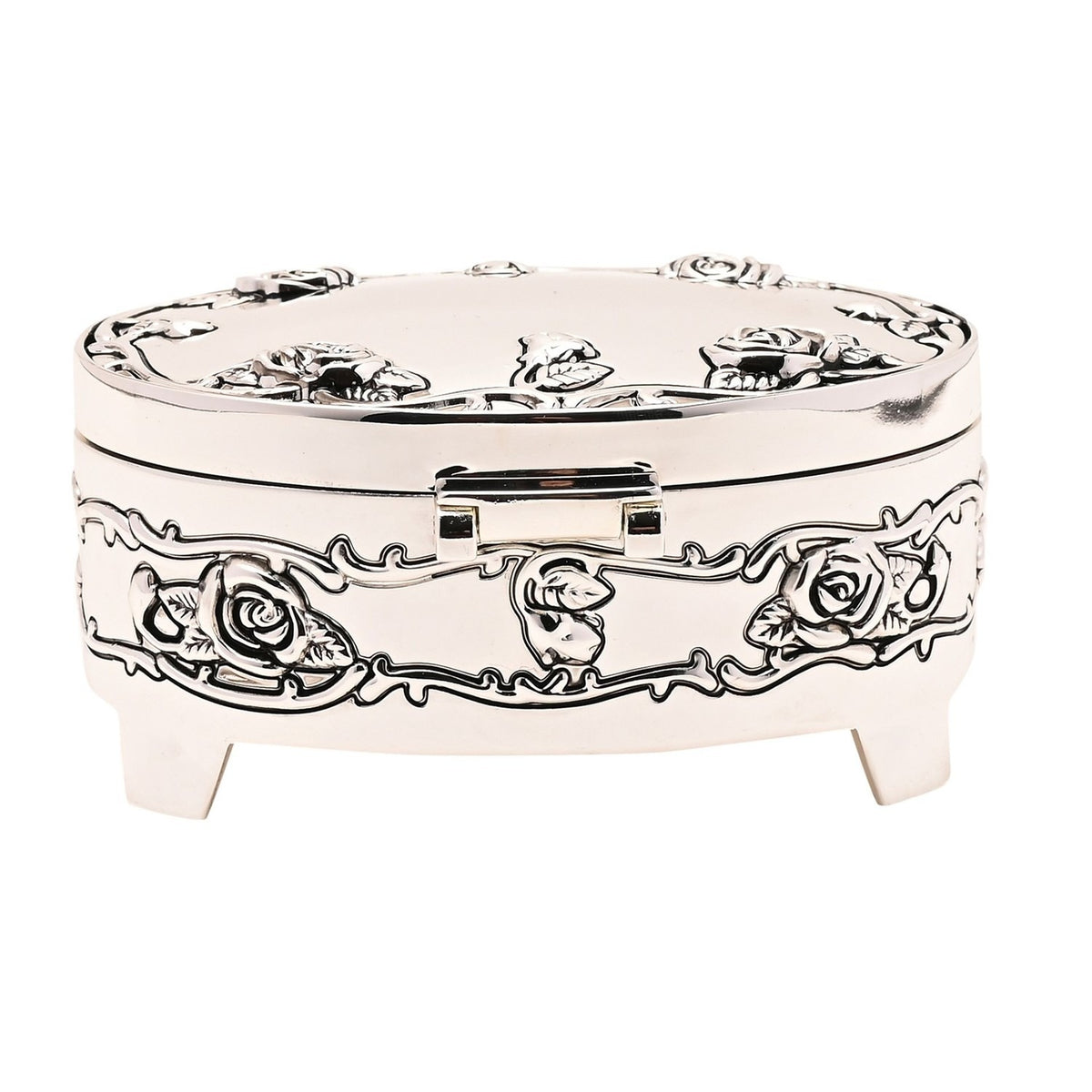Oval Rose Design Antique Silverplated Trinket Box with raised rose and leaf detailing around the sides and lid border, front clasp, and four small feet, shown on a plain white background.