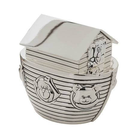Silverplated Noah's Ark money box with pitched roof coin slot, grooved hull, and embossed bear, elephant and giraffe portholes, shown on a plain white background.