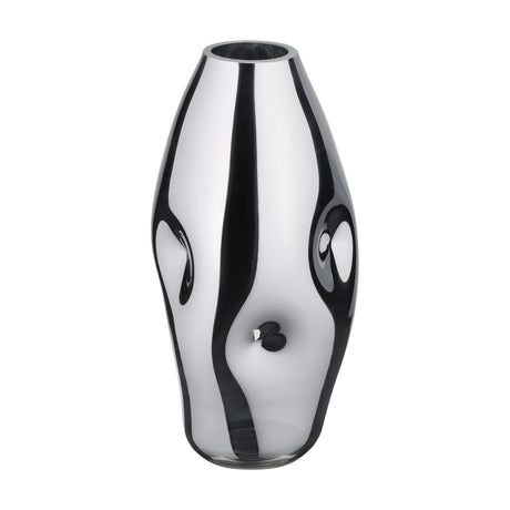 Xiporai Glass Vase 28.5cm in Chrome, a tall ovoid vase with a mirror finish and pressed dimples, narrowing to a round mouth, shown on a plain white background.