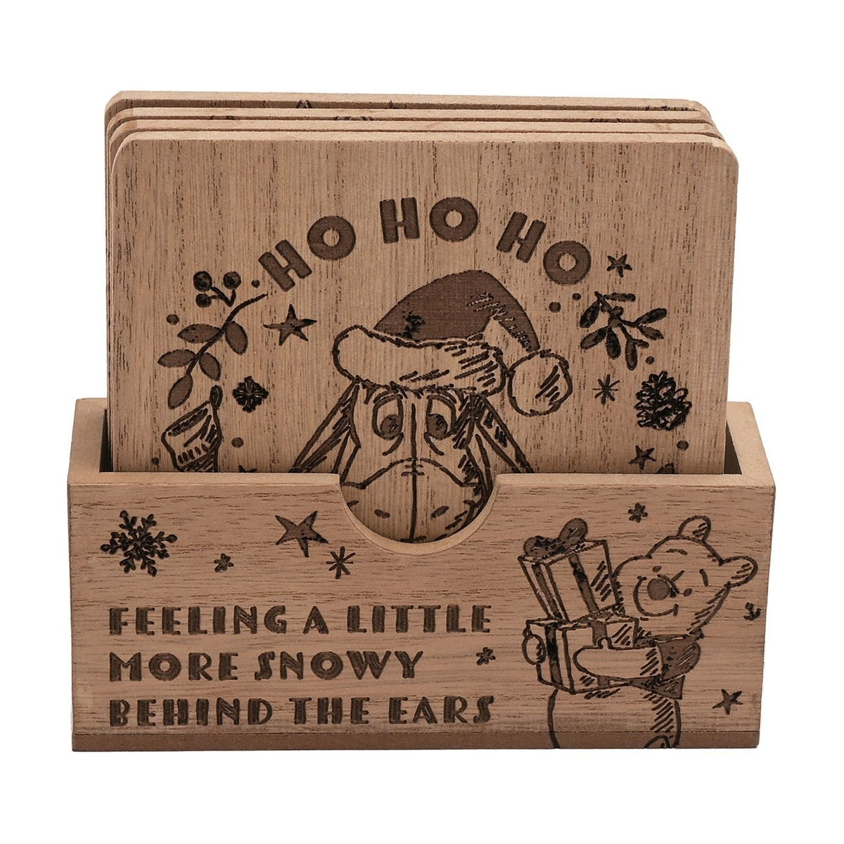 Winnie the Pooh Set of 4 Wooden Christmas Coasters - Brown