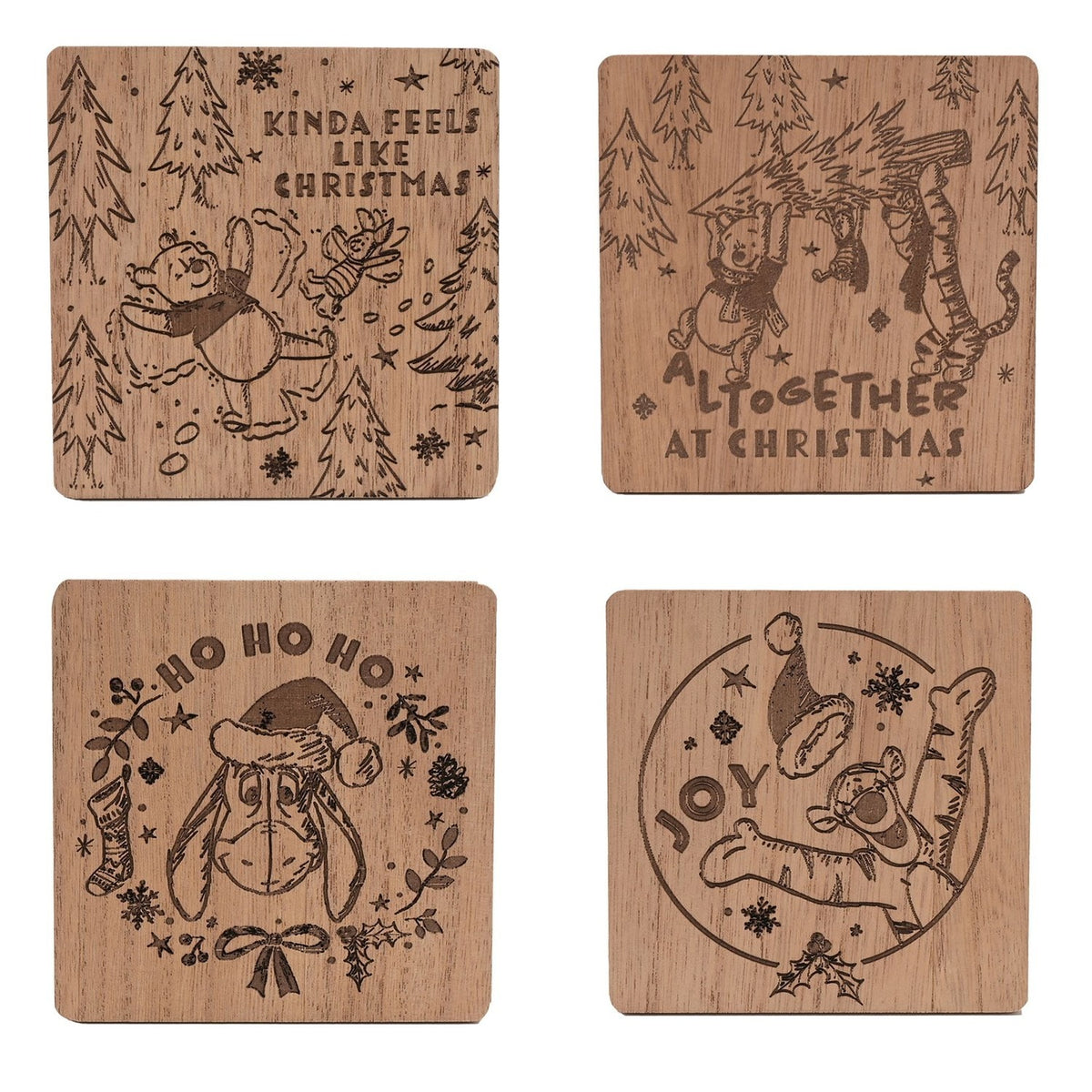 Winnie the Pooh Set of 4 Wooden Christmas Coasters - Brown