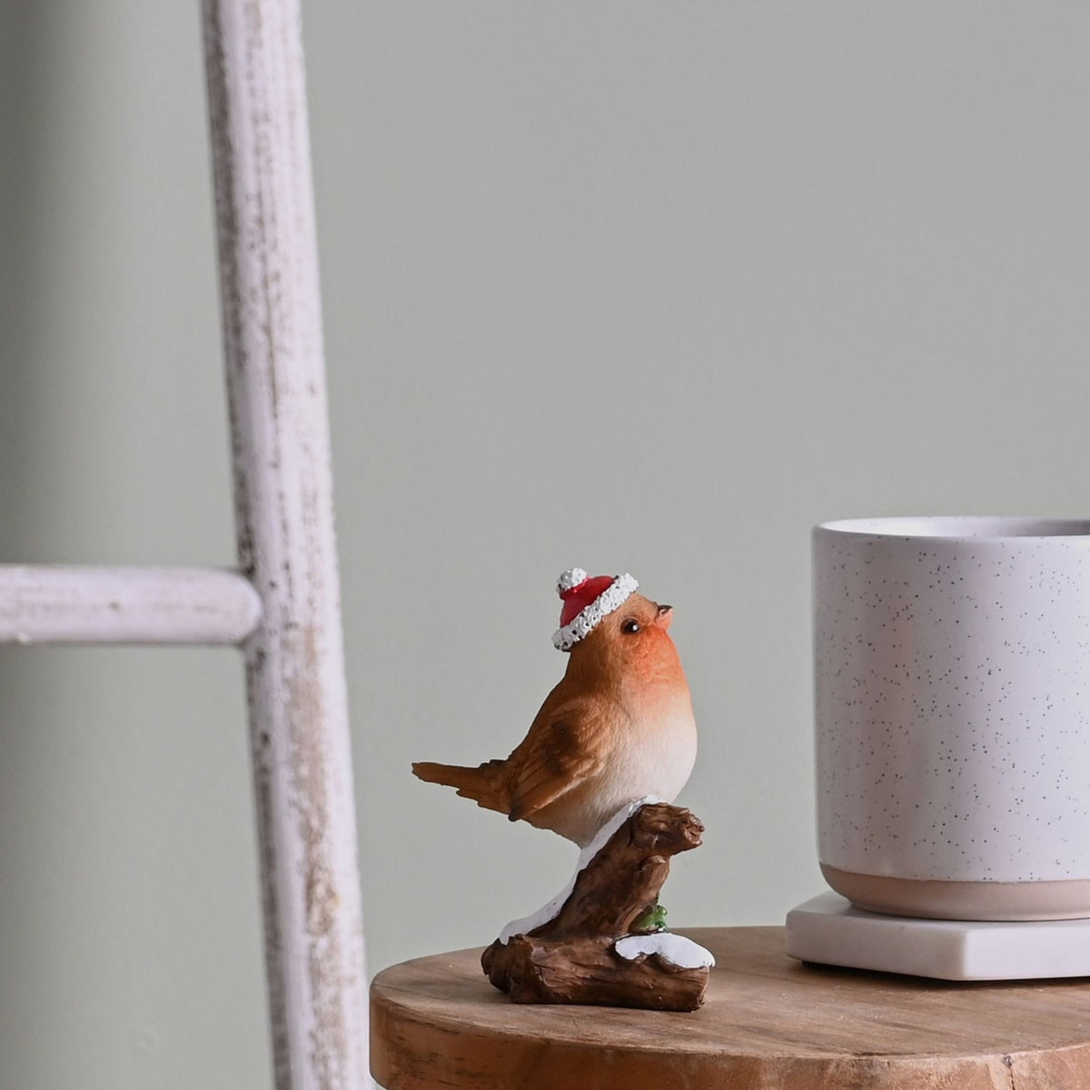 Christmas Robin on Frosted Branch Resin Figurine - Brown