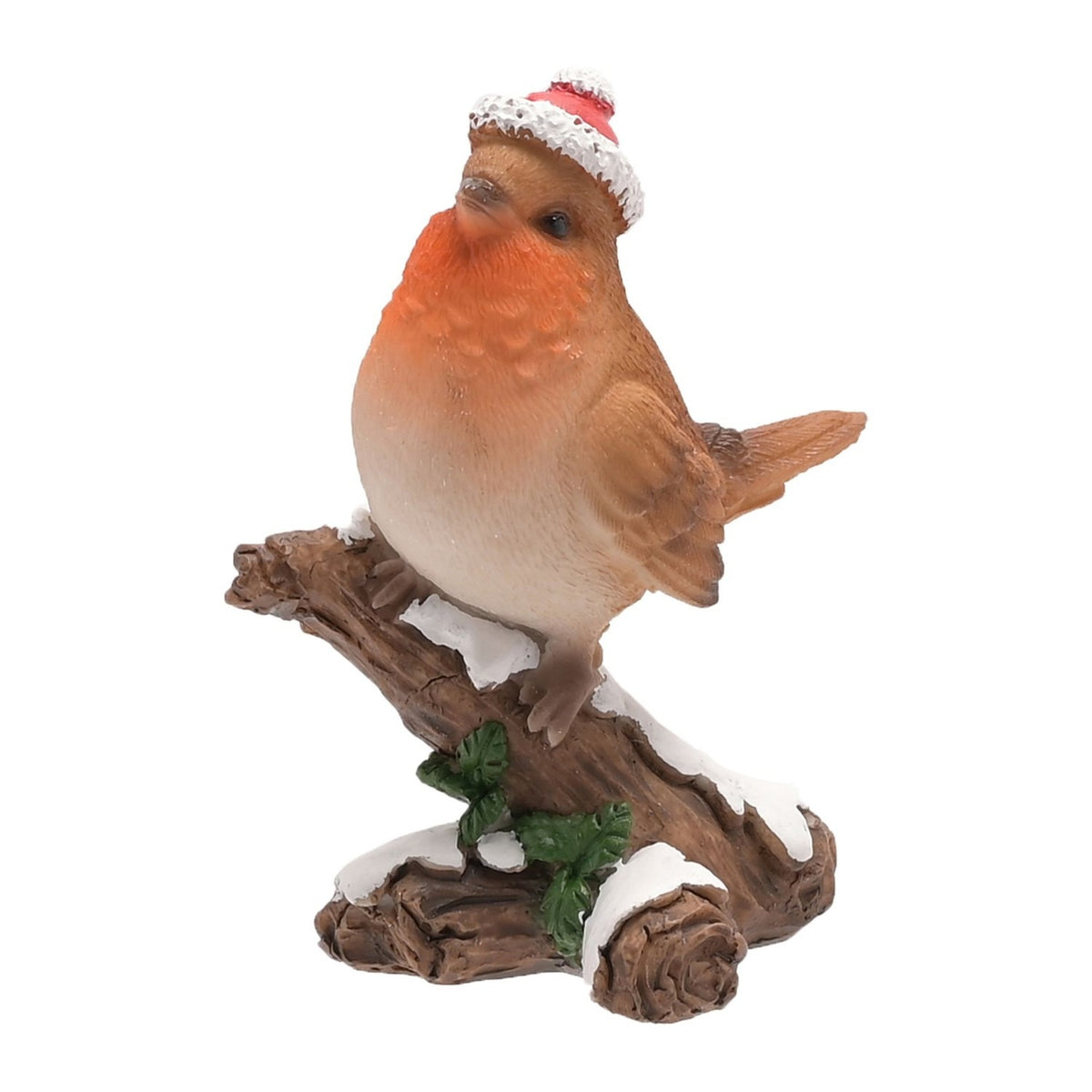 Christmas Robin on Frosted Branch Resin Figurine - Brown