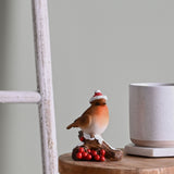 Christmas Robin on Branch Figurine with Berries - Brown