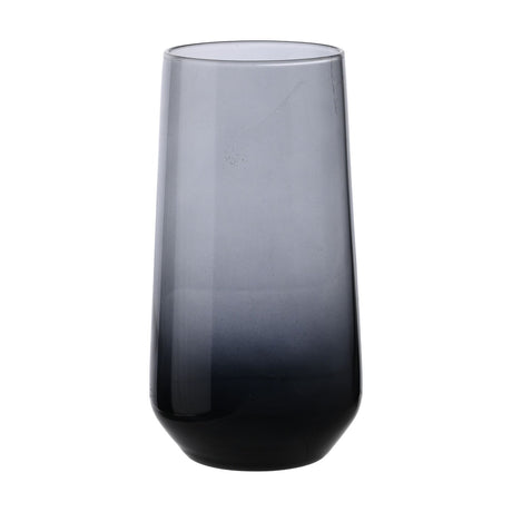 Smoked Ombre Highball Glass Tumbler in grey, tall slim glass shading from pale at the rim to near-black at the rounded base, shown on a plain white background.