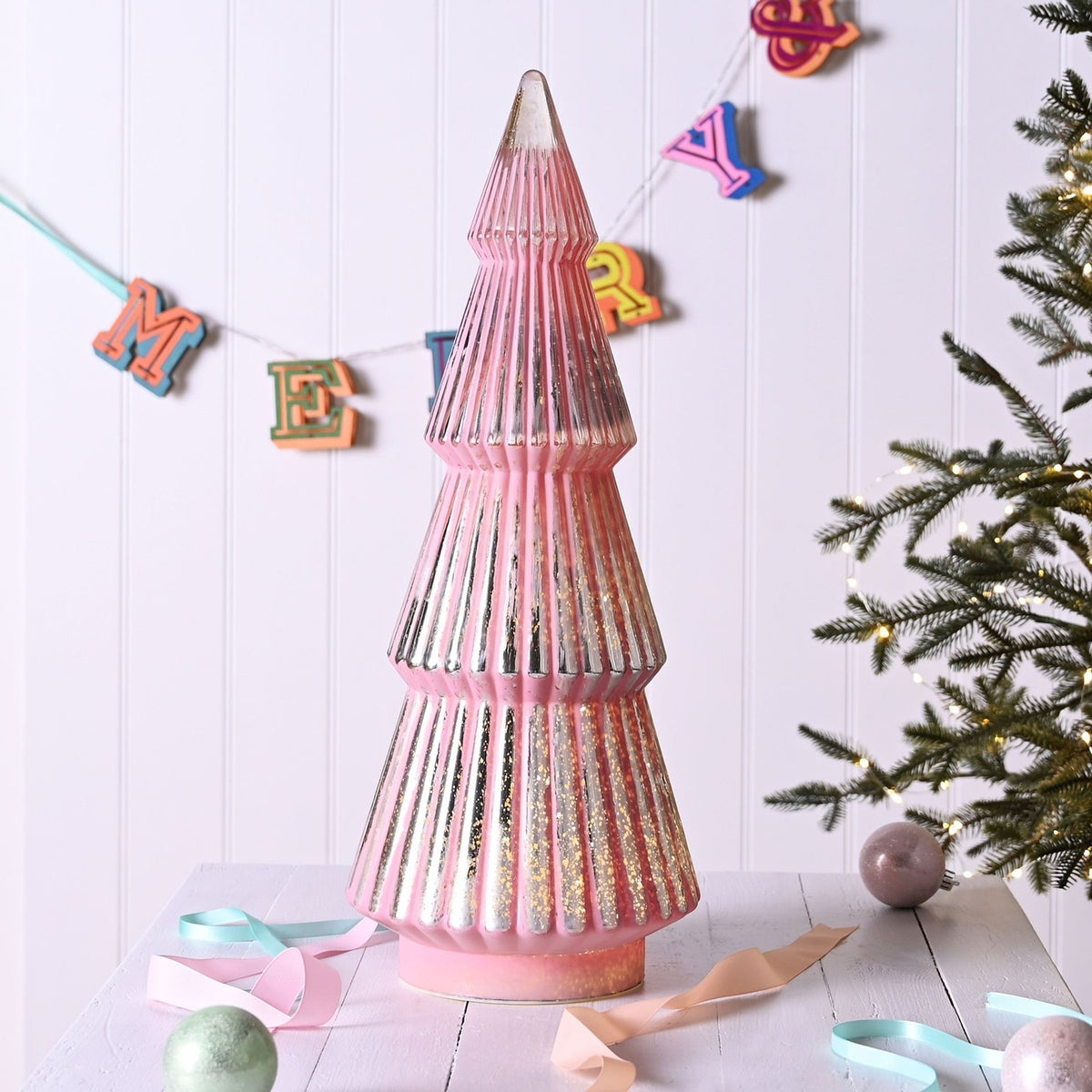 Glass Christmas Tree LED Light-Up Decoration - Pink & Silver