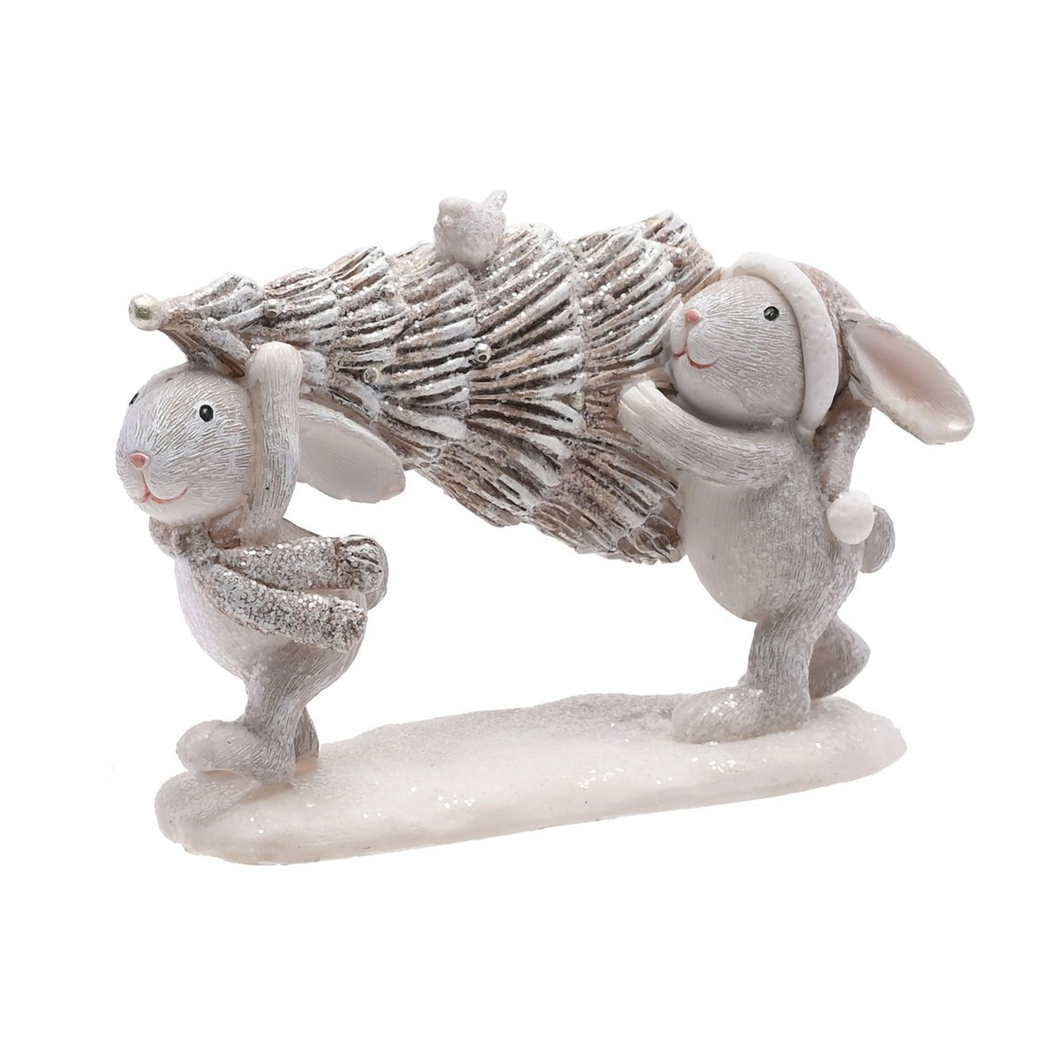 Two Bunnies Carrying Christmas Tree Resin Ornament - Grey