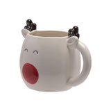 Reindeer Stoneware Mug with Red Nose and Antlers - White