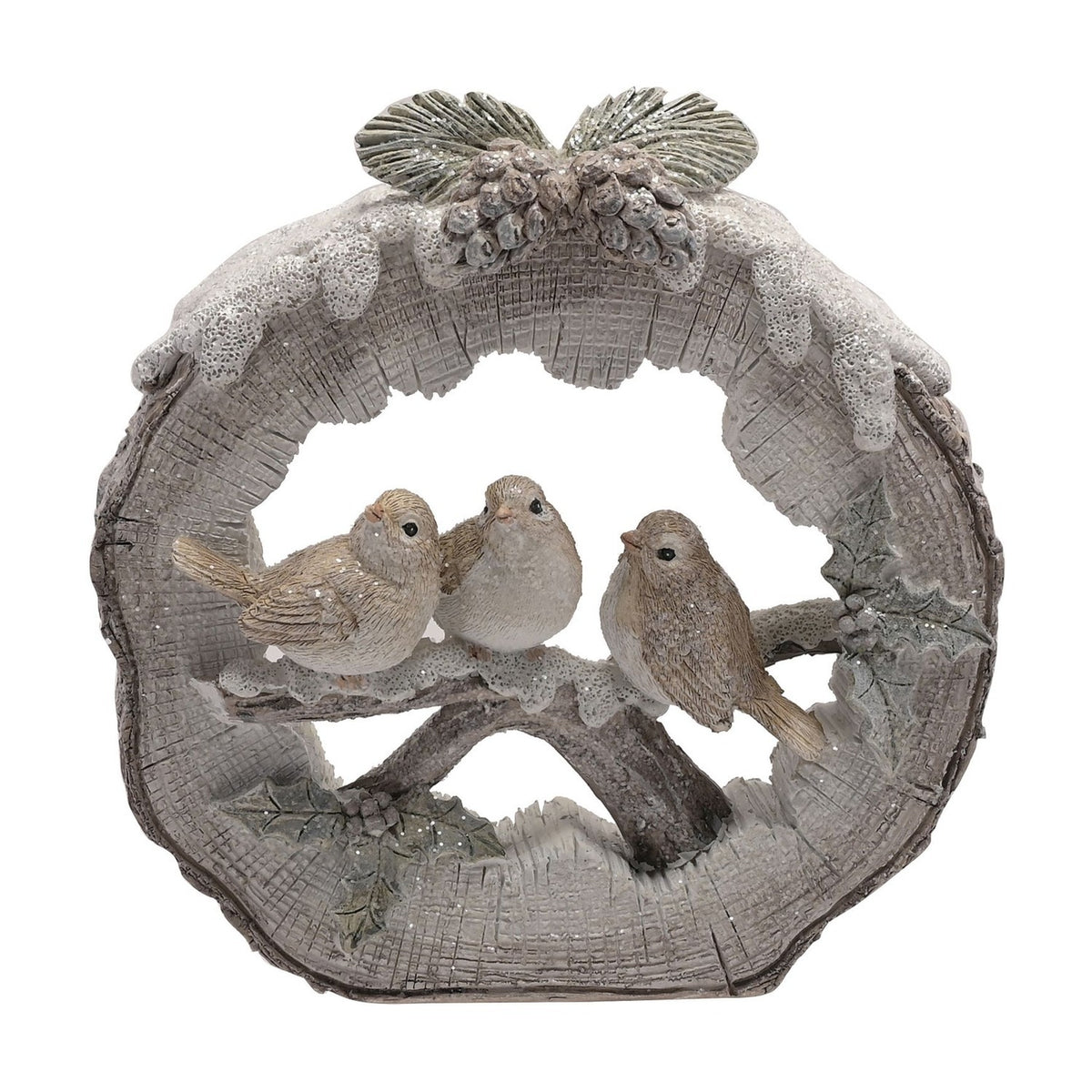 Round log resin figurine depicting three robins perched on a snowy branch, white and grey-brown tones with bark-textured edge and pinecone accents, on a plain white background.