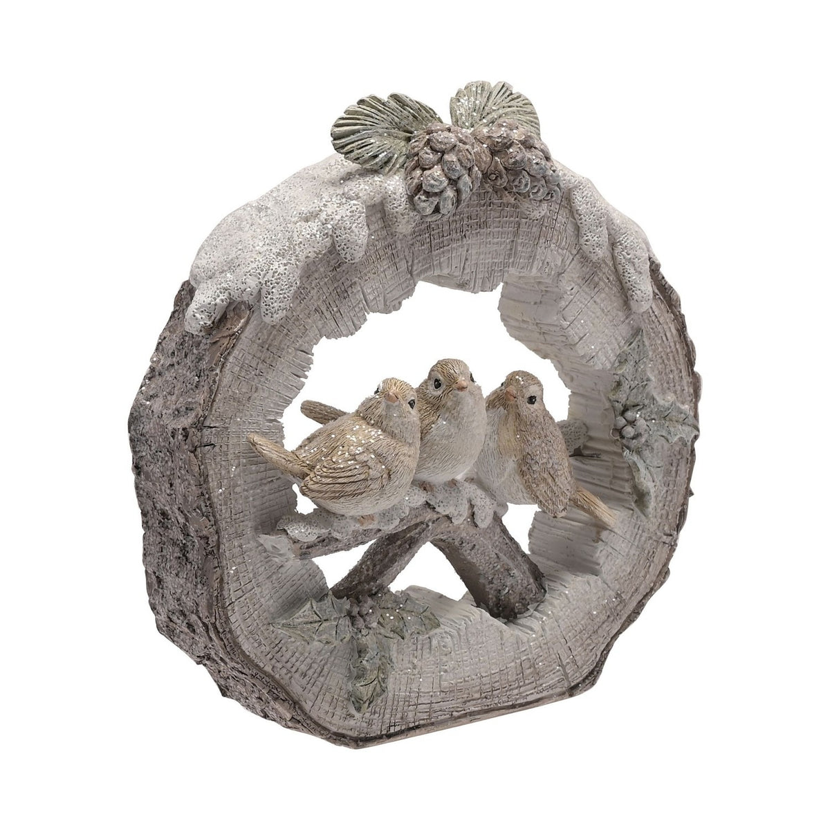 Round log resin figurine in white with three robins on a snowy branch, bark-textured edge and pinecone detail, set against a plain white background.