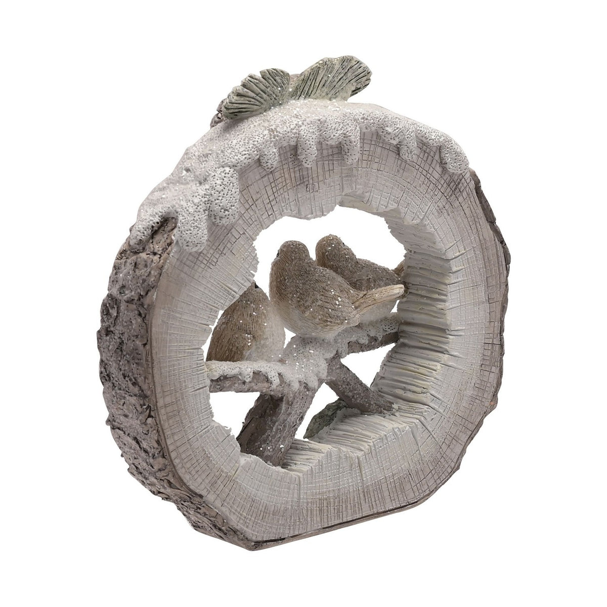Round log resin figurine with three robins perched on a snowy branch, white log slice with bark edge and pine sprig detail, on a plain white background.