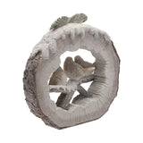 Round log resin figurine with three robins perched on a snowy branch, white log slice with bark edge and pine sprig detail, on a plain white background.