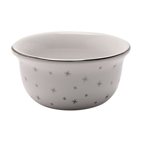 White porcelain dipping bowl with silver rim and scattered star pattern, from a set of 4 Christmas dipping bowls, shown on a plain white background.