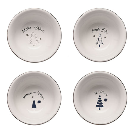 Set of 4 round white porcelain dipping bowls with silver rims, each printed with a Christmas tree and phrases like Make a Wish, Jingle Bells, Believe in Magic, and Be Merry.