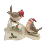 Two Robins in Red Hats on Holly Bell Resin Figurine - Gold