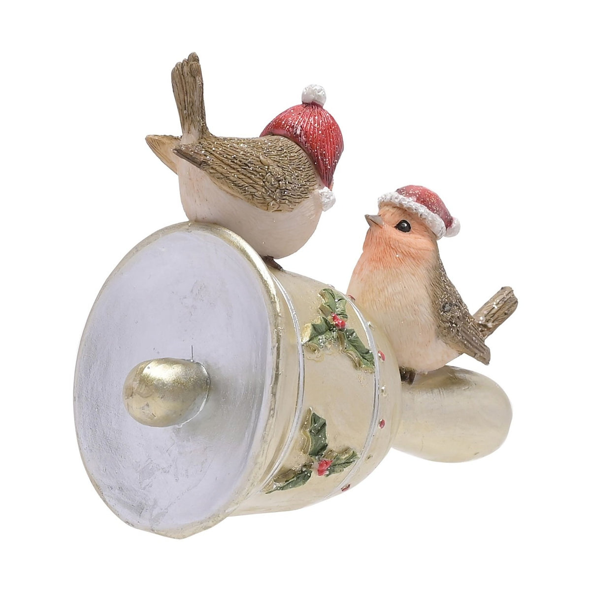 Two Robins in Red Hats on Holly Bell Resin Figurine - Gold