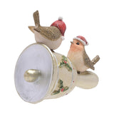Two Robins in Red Hats on Holly Bell Resin Figurine - Gold