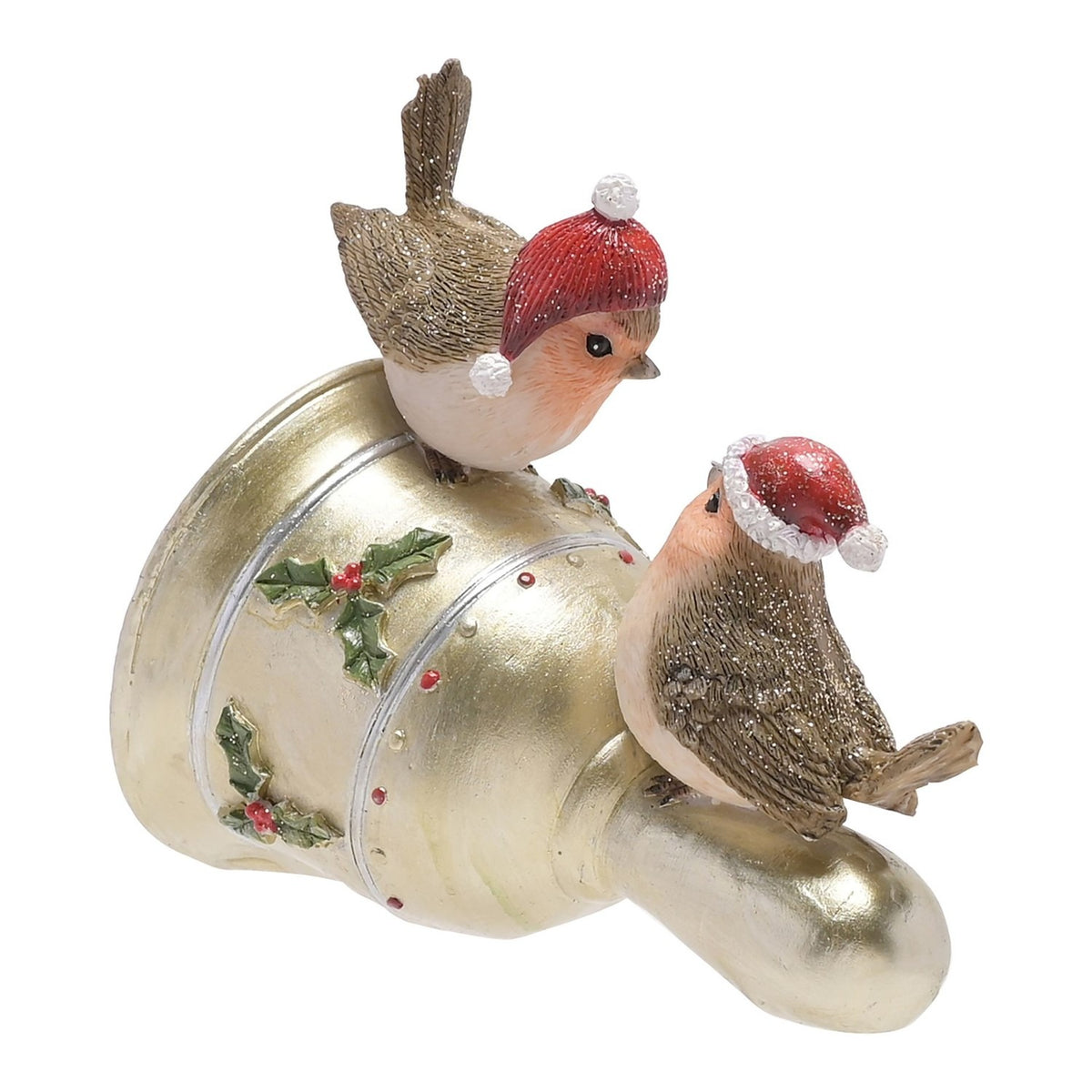 Two Robins in Red Hats on Holly Bell Resin Figurine - Gold