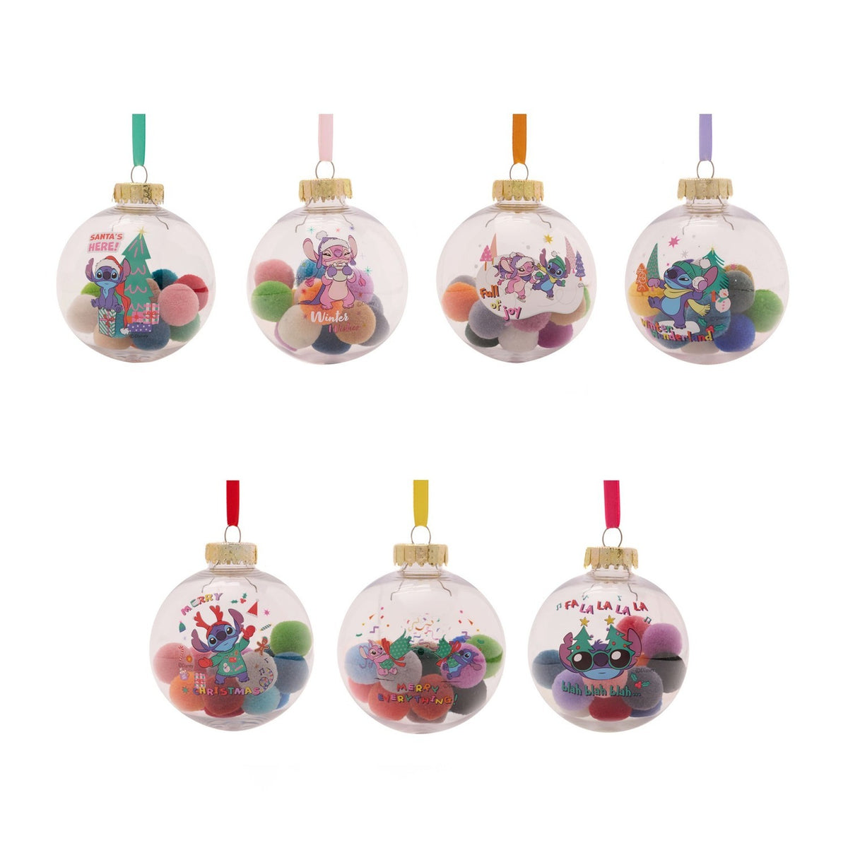 Set of 7 clear round pompom baubles with coloured hanging ribbons, each filled with mixed pom poms and featuring a different printed Stitch Christmas design, on a white background.