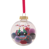 Clear round bauble Christmas tree decoration with a red ribbon, filled with colourful pompoms and a printed Stitch design wearing tree-shaped glasses above "FA LA LA LA LA... blah blah blah".