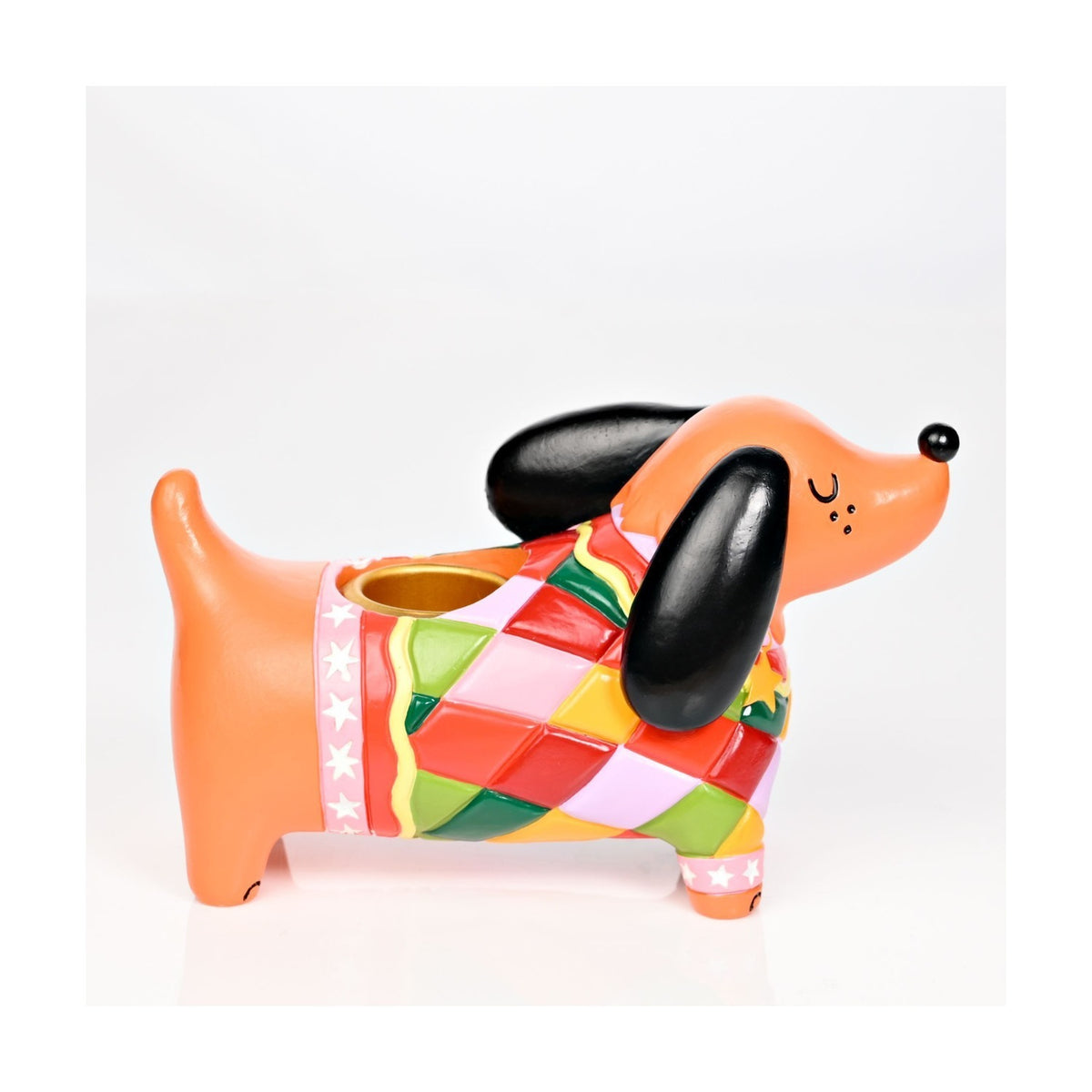 Sausage Dog in Harlequin Jumper Resin Candle Holder - Orange