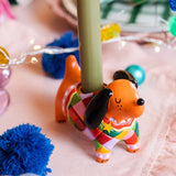Sausage Dog in Harlequin Jumper Resin Candle Holder - Orange