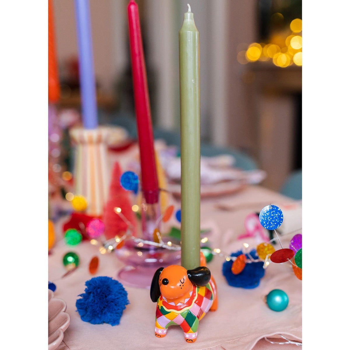Sausage Dog in Harlequin Jumper Resin Candle Holder - Orange